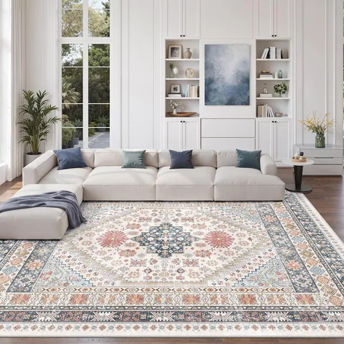 Vista 93 de zesthome Alfombras de área de 5 x 7, lavables a máquina, para sala de estar, dormitorio, resistentes a las manchas, vintage, de gran área, Beige