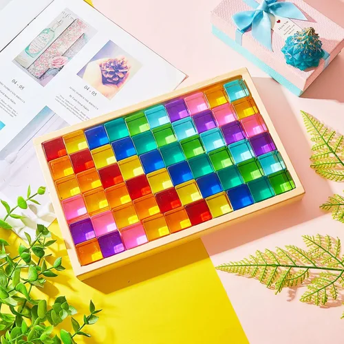 Vista 7 de Meooeck 60 bloques de gemas acrílicas de colores, cubo apilable de arco iris translúcido, juguete educativo de tren sensorial con caja