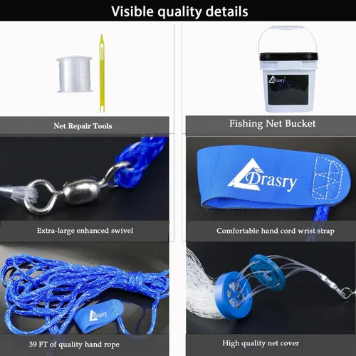 Vista 3 de Drasry Saltwater Fishing Cast Net for Bait 3/8 1/4 or 1/2 with Heavy Sinkers Fish Trap Throw Net. Size 3ft/4ft/5ft/6ft/7ft/8ft/9ft/10ft Radius