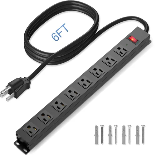 Vista 9 de Regleta de alimentación de 8 tomas con protector contra sobretensiones, regleta de alimentación de metal resistente de 6 pies con interruptor