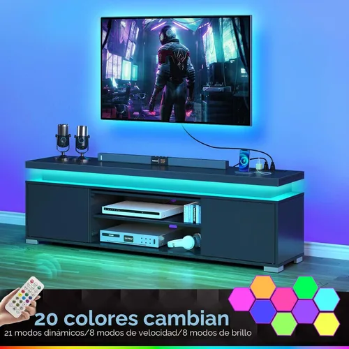 Vista 7 de Rolanstar Soporte de TV con toma de corriente y luces LED, moderno centro de entretenimiento para televisores de 32/43/50/55/65 pulgadas, mesa