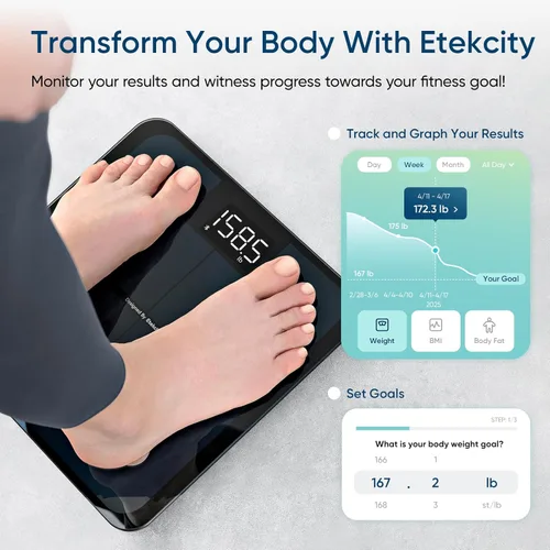 Vista 4 de Etekcity Báscula Inteligente para Peso Corporal, Elegible para FSA y HSA, Báscula de Pesaje Digital de Baño con IMC, Grasa Corporal, Masa Muscular