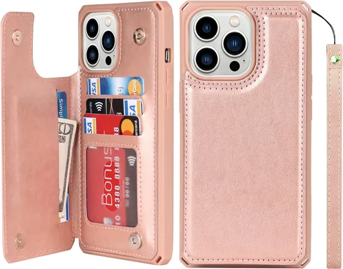 Vista 19 de iCoverCase Funda compatible con iPhone 13 Pro Max con tarjetero para mujer, bloqueo RFID en relieve de piel sintética con correa de muñeca de 6.7