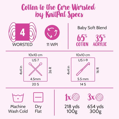 Vista 4 de Hilo de estambre de algodón puro para crochet de Cotton to The Core, paquete de 3 (598,6 metros / 300 g), patrones gratis, apto para principiantes