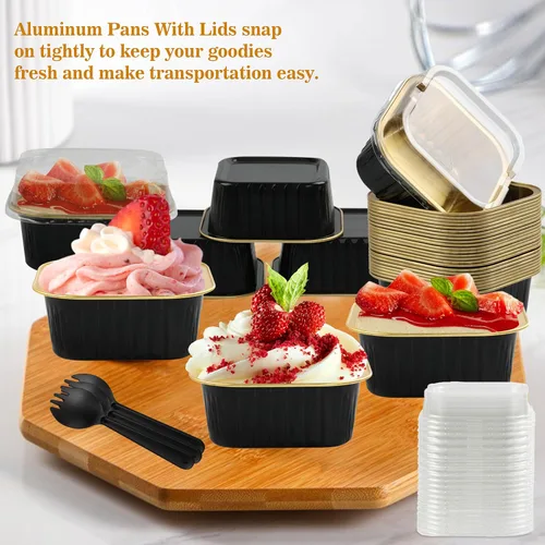 Vista 5 de Mini moldes para pasteles con tapas, 30 moldes desechables de papel de aluminio de 5.5 onzas, moldes de aluminio para cupcakes con tapas, moldes
