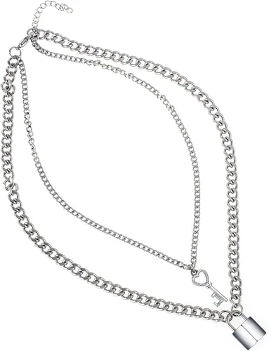 Vista 5 de Lock Key Necklace 100% Stainless Steel Padlock Choker Multilayer Choker Necklace for Men Women (20, A)