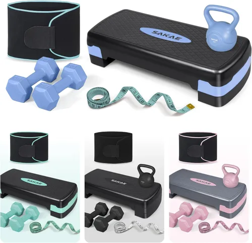 Vista 8 de SAKAE Kit de escalón aeróbico ajustable con mancuernas y pesa rusa y cinturón para levantamiento de pesas y cinta métrica, plataforma de escalón