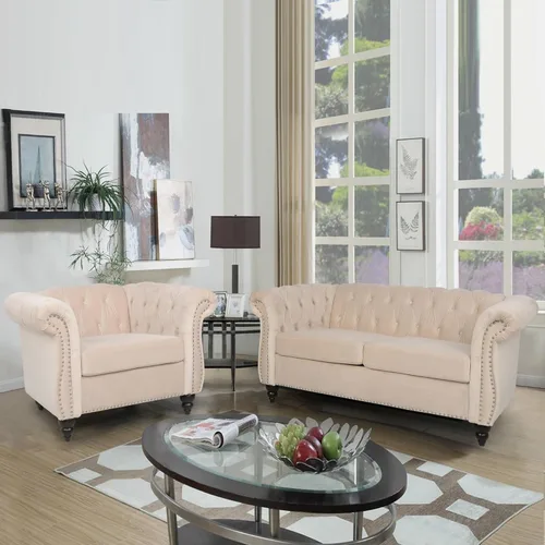 Vista 70 de RARZOE Juego de 3 piezas de muebles de sala de estar, sofá Chesterfield de terciopelo moderno, silla de club Chesterfield y sofá de dos plazas Mango