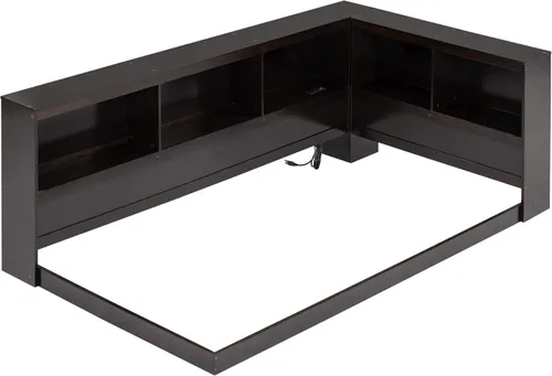 Vista 169 de Quarte Elegante cama de plataforma con estanterías en forma de L, cama de plataforma de madera tamaño individual con 2 cajones de almacenamiento