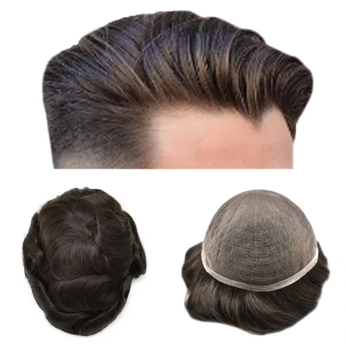 Vista 70 de Toupee para hombres, sistema de reemplazo de piezas de cabello humano real, encaje suizo suave, encaje frontal para hombres, pieza de pelo tipo
