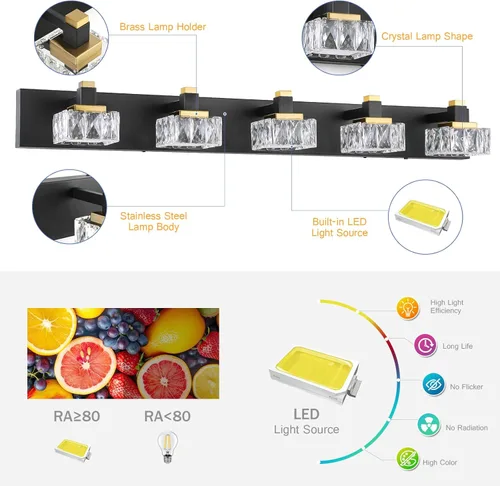 Vista 3 de SineRise Luces de tocador de baño sobre espejo, 5 luces regulables 5CCT, luces LED de tocador de cristal negro y dorado, aplique de pared