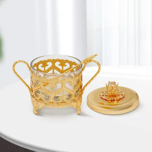 Vista 8 de Flylin Azucarero, azucarero turco con cuchara de azúcar y tapa, recipiente de doble soporte, recipiente para condimentos, tarro de vidrio
