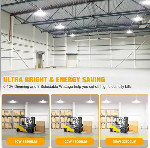 Vista 2 de UFO - Luz LED de alta bahía de 150 W, luces LED de alta bahía de 22,500LM, 0-10 V, regulables, luces LED de alta bahía para tienda, cable de 5