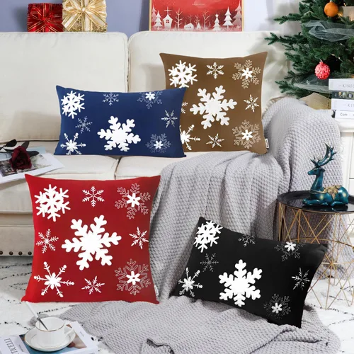 Vista 4 de BRAWARM Funda de almohada de Navidad de 18 x 18 pulgadas, funda de almohada bordada de copo de nieve marrón, almohada decorativa de terciopelo suave