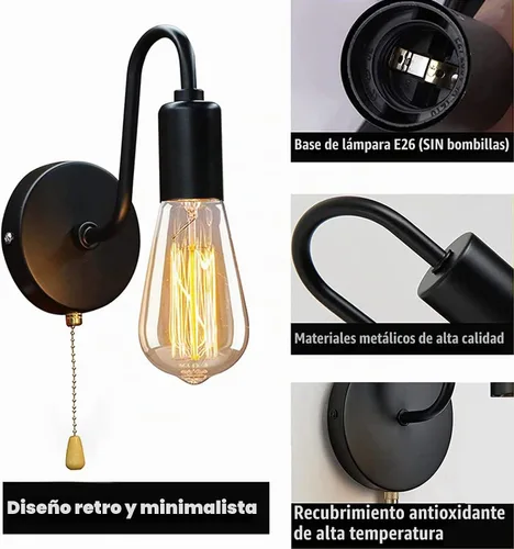 Vista 8 de Lámpara de Pared Retro Ajustable con Interruptor de Cadena de Tracción, Accesorio de Luces de Pared Negras Vintage con Interruptor de Encendido