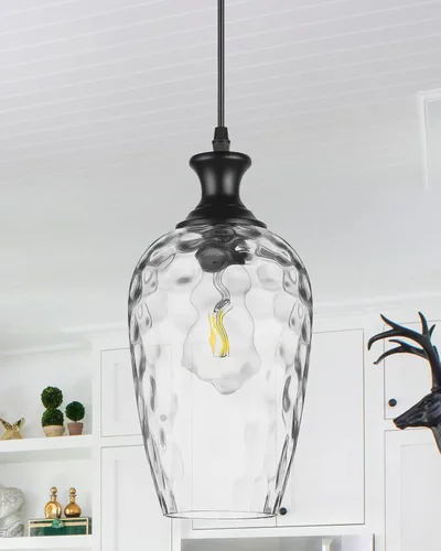 Luces colgantes de cristal para isla de cocina, 1 luz negra con vidrio transparente soplado a mano, lámpara colgante de granja para fregadero de