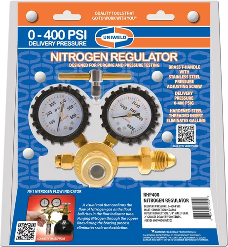 Vista 5 de Uniweld RHP400 Regulador de nitrógeno con 0-400 PSI de presión, CGA580 conexión de entrada y conexión de salida de llama macho de 14 de pulgada