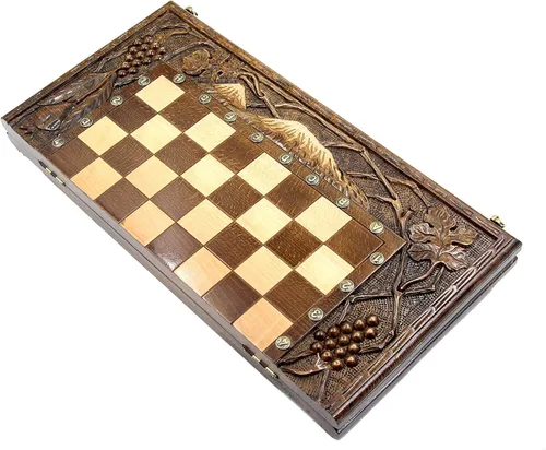Vista 8 de 3 in 1 WOODEN BACKGAMMON Armenian BOARD GAME Nardi Nardy checkers chess carving FLOWER Ornament hand made gift walnut wood table game