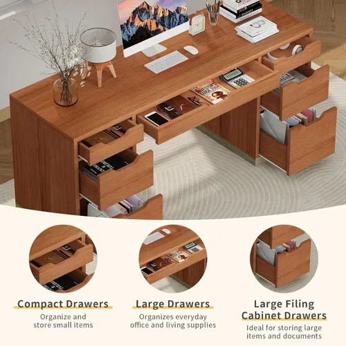 Vista 4 de MaverickFurni Office Desk with Drawers, 54 Inch Computer Desk with 7 Drawers for Bedroom, Small Executive Desk with Stoarge Drawers for Work Study