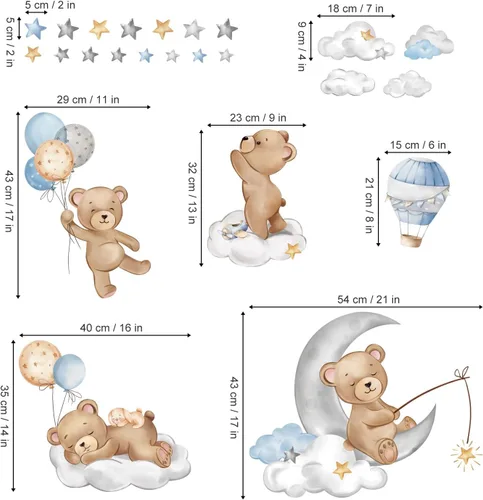 Vista 4 de decalmile Calcomanías de pared de oso durmiendo en la luna, globos aerostáticos, animales, nubes, calcomanías de pared para habitación de bebé
