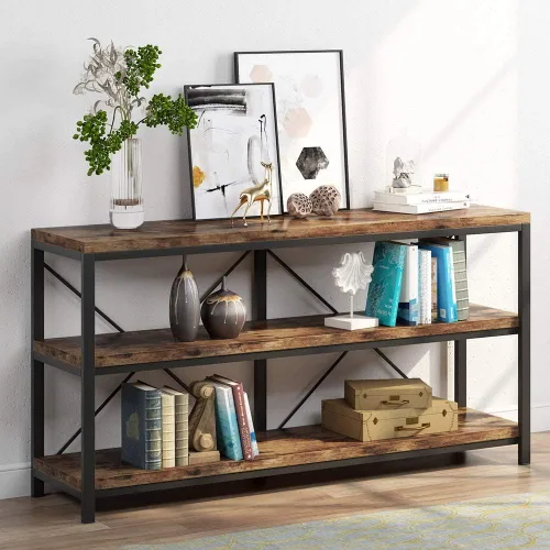Tribesigns Mesa de sofá de 55 pulgadas de largo con estantes de almacenamiento, mesa consola rústica industrial de 3 niveles con estantes abiertos,