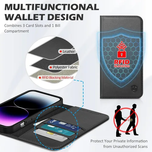 Vista 3 de SHIELDON Funda para iPhone 14 Pro Max 5G de 6.7 pulgadas, funda de cuero genuino tipo cartera con tapa con bloqueo RFID, ranuras para tarjetas, Negro