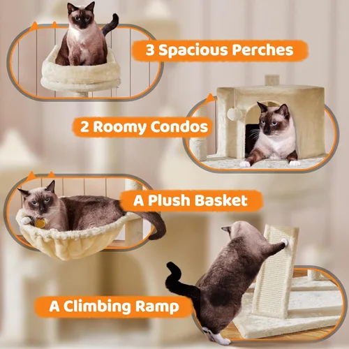 Vista 8 de Yaheetech Árbol para gatos de 68.5 pulgadas, torre de varios niveles para gatos con condominio grande y perchas acogedoras, casa de juegos estable