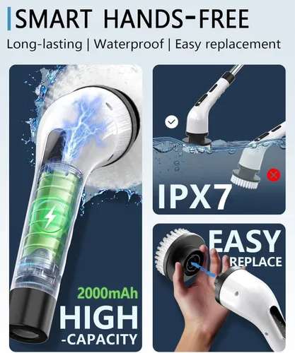 Vista 5 de Limpiador eléctrico giratorio para limpieza de baño, cepillo de limpieza inalámbrico con IPX7 impermeable y 3 velocidades, 9 cabezales de cepillo