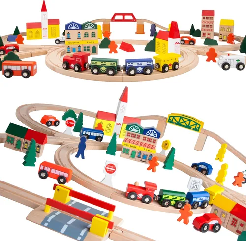 100-Piece Orbrium Juguetes triple-loop Conjunto tren de madera se adapta Thomas Brio Chuggington