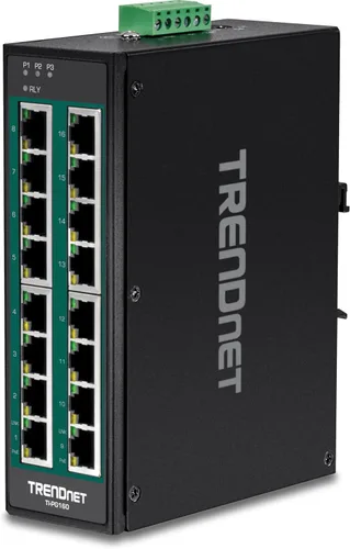 Vista 18 de TRENDnet Interruptor de riel DIN Gigabit PoE+ industrial endurecido de 16 puertos; TI-PG162; 14 puertos Gigabit; 2 x ranuras SFP Gigabit; 32Gbps