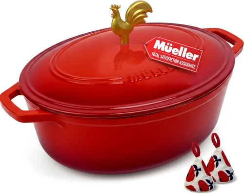 Vista 28 de MUELLER HOME Horno Holandés de Hierro Fundido Esmaltado de 4.5 QT, Cacerola de Servicio Pesado y Sartén Braseadora con Tapa y Perilla de Acero