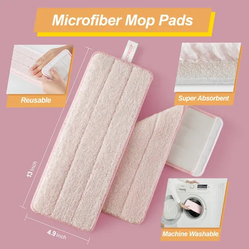 Vista 9 de JOYMOOP Juego de trapeador y cubeta rosa con escurridor para el hogar, con 3 almohadillas de microfibra reutilizables, sistema de autolimpieza sin