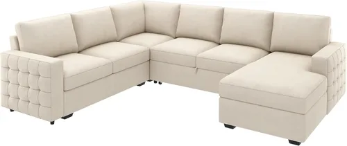 Vista 9 de HONBAY Sofá seccional con cama extraíble, sofá cama seccional con almacenamiento, sofás en forma de U para sala de estar, terciopelo beige