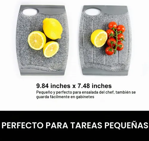 Vista 3 de Juego de tablas de cortar pequeñas de plástico con múltiples ranuras para jugo, paquete de 2 Negro- gris