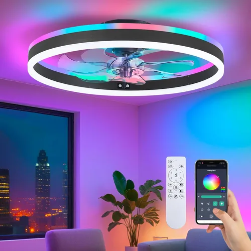 Vista 8 de STERREN - Ventiladores de techo modernos dorados con luces, ventiladores de techo de montaje empotrado de 20" regulables de perfil bajo con control