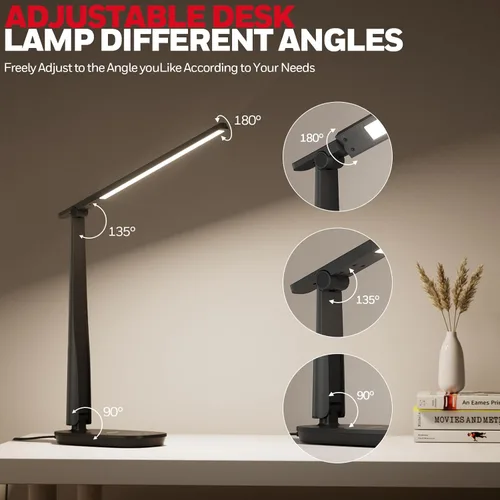 Vista 9 de Honeywell Lámpara LED de escritorio para oficina en casa, regulable y 4 modos de color, carga dual USB A+C, luz LED con temporizador, color negro