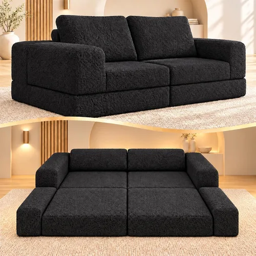 Vista 12 de Sofá Seccional Modular Cloud, Combinación DIY Sofá Modular para Sala de Estar, Sofás de Asiento de Amor de Tela Tejida Única con 2 Almohadas, Sofá