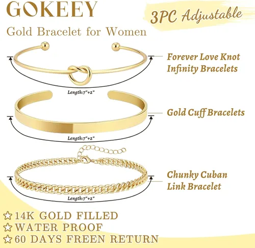 Vista 4 de Delicado juego de pulseras de cadena de oro para mujer, chapado en oro real de 14 quilates, pulseras de cadena de eslabones para mujer, pulseras