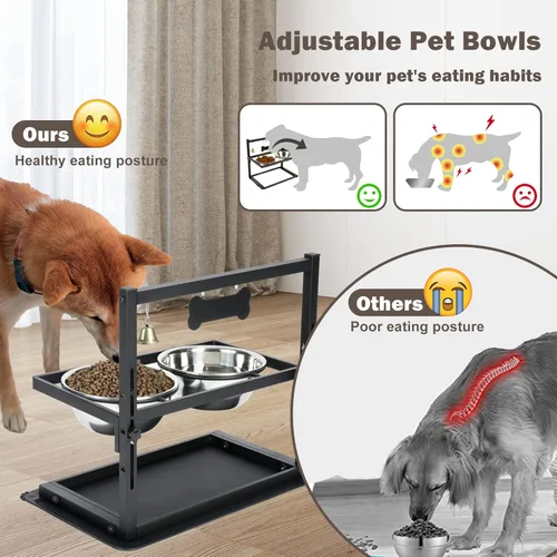 Vista 5 de Cuencos elevados con comedero lento para perros grandes y medianos, soporte elevado, ajustable y antideslizante con 2 cuencos de acero inoxidable