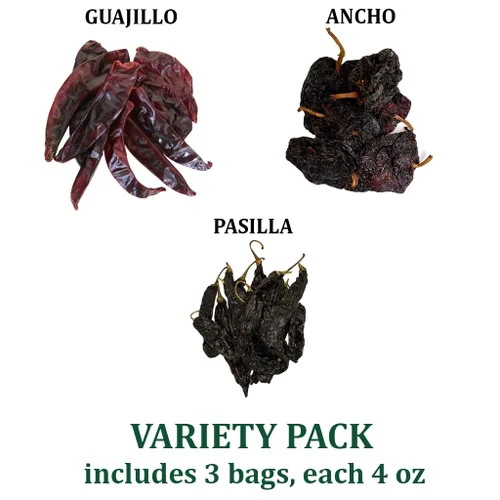Vista 2 de Chiles Mexicanos 3 Pack Guajillo, Ancho y Pasilla 4oz cada uno. Chili Secos Enteros.