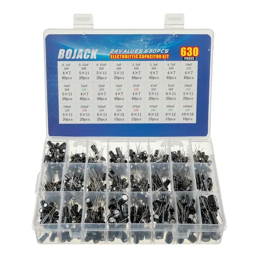BOJACK 24Value 630pcs Aluminio Electrolítico Capacitor Surtido Caja Kit Gama 0.1uF-1000uF