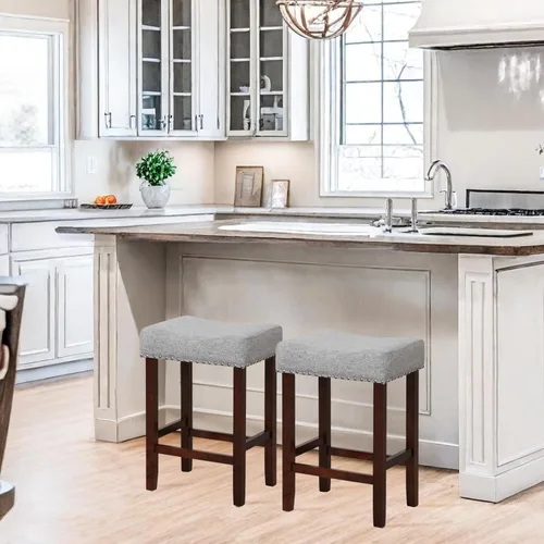 Vista 49 de ERGOMASTER Taburetes de bar, 24 pulgadas, modernos taburetes de sillín, madera de caucho, caqui/marrón, juego de 2