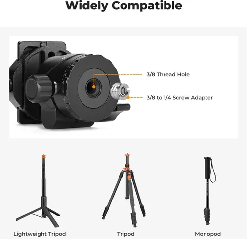 Vista 5 de K&F Concept Cabezal de bola para trípode de metal profesional de 28mm, rotación panorámica de 360 grados con placa de liberación rápida de 1/4
