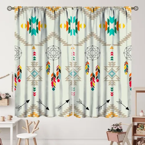 Vista 101 de Cortinas con patrón geométrico tribal, estilo suroeste, azteca, rústico, occidental, nativo americano, opacas, con bolsillo para barra, decoración
