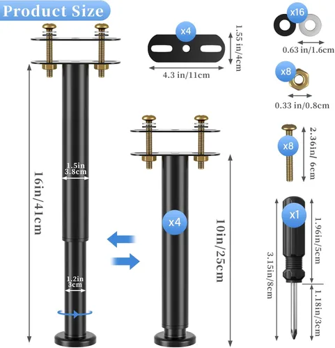 Vista 11 de Juego de 4 patas de repuesto ajustables para cama, patas de soporte de marco de cama de metal ajustables de 5.9 a 9.84 pulgadas, patas de soporte