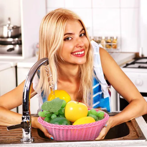 Vista 7 de Cesta de frutas para encimera de cocina: 1 bandeja de frutas tejida de plástico rosa para aperitivos, pan y almacenamiento decorativo, cesta