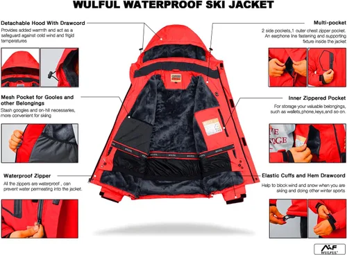 Vista 4 de WULFUL Chaqueta de esquí impermeable para hombre, abrigo de nieve cálido para invierno, rompevientos de montaña