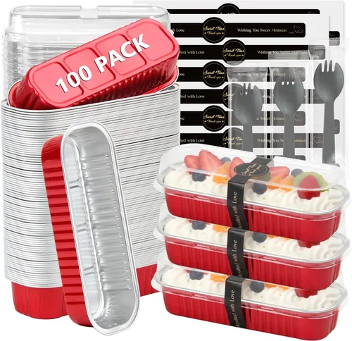 Vista 8 de Ruckae Paquete de 100 Mini Moldes para Pan Mini Moldes para Hornear Pan con Tapas y Cucharas, Moldes de Papel de Aluminio Desechables, Moldes