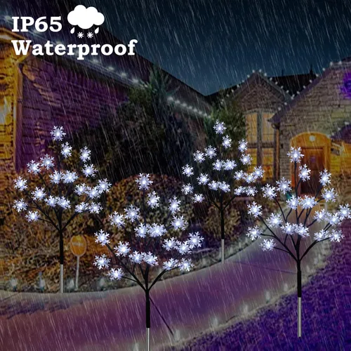 Vista 4 de Paquete de 4 unidades de luces solares de Navidad con copo de nieve de 80 LEDs, luces solares con 8 modos para decoración navideña al aire libre