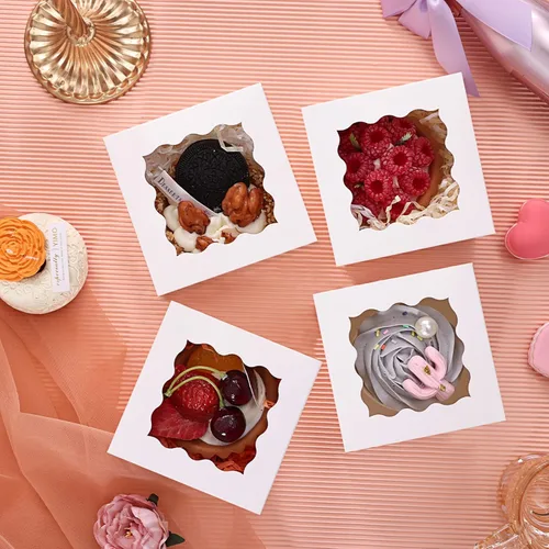 Vista 6 de Moretoes 120 cajas blancas para panadería, cajas de galletas de 4 x 4 x 2.5 pulgadas con ventana para pasteles pequeños, golosinas, donas, dulces